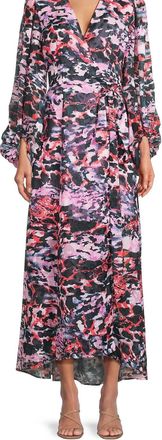 Hutch Flowing Long Sleeve Chiffon Wrap Midi Dress In Pink/blue