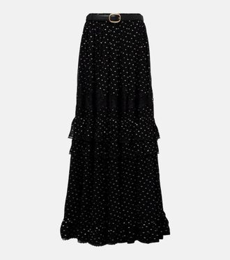 Self Portrait Lace-trimmed polka-dot chiffon maxi skirt