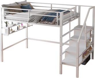 STILVORA Cama Alta Cama Doble Con Estantes, Escalera Con Almacenaje Y Barandilla 140 X 200 Cm, Sin Colch&oacute;n, Blanco