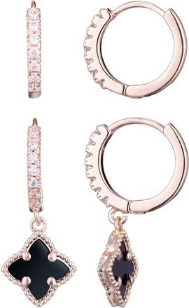 Adornia Adornia 14K Rose Gold Plated Cz Black Clover Huggie Earrings Set