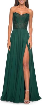 La Femme Strapless Chiffon Prom Gown with Lace Illusion Bodice in Dark Emerald at Nordstrom, Size 10