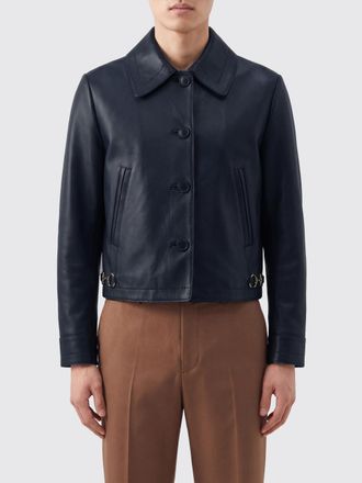 Gucci Giacca-camicia in pelle di agnello liscia blu con vestibilit&agrave; slim fit