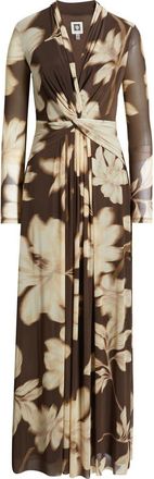 Anne Klein Floral Print Long Sleeve Maxi Dress in Molasses Multi at Nordstrom, Size X-Large