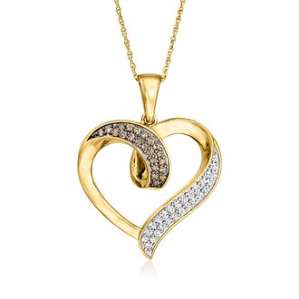 Ross-Simons Brown and White Diamond Heart Pendant Necklace in 18kt Gold Over Sterling