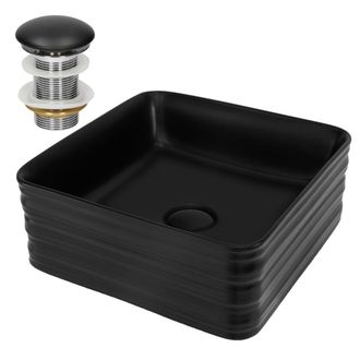 ML Design Lavabo de cer&aacute;mica cuadrado lavamanos y desag&uuml;e negro