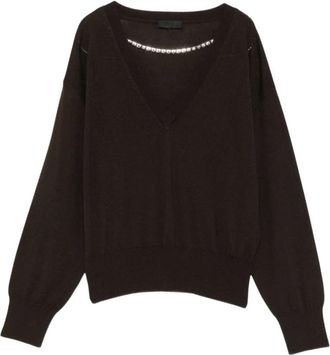 Liu Jo Wol V-hals Trui met Strass Ketting - Dames - V-hals truien - Bruin - M - Wol - Truien & Vesten