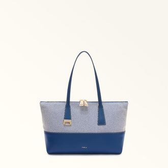 Furla Olivia Tote M Toni Indigo Canvas Fabric + Sidney Calf Leather Woman