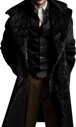 Generic Mens Faux Fur Coat Long Turn Collar Overcoat Mens Fluffy Heavyweight Trench Coat Long Sleeve Thicken Winter Outercoat Fur Collar Warm Cardigan Coat Ha