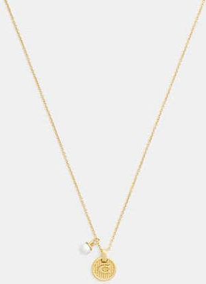 Coach Textured Signature Coin And Pearl Pendant Necklace