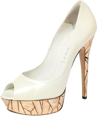 Casadei White Patent Leather Mosaic Mirror Heel Peep Toe Platform Pumps