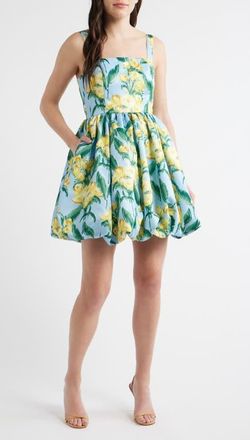 Julia Jordan Floral Square Neck Bubble Hem Cocktail Minidress in Blue Multi at Nordstrom, Size 12