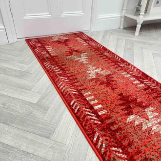 Runrug Hallway Carpet Runner Rug - Soft & Comfy, 9mm - Native in Red | Size: 60 cm x 390 cm