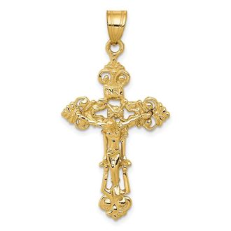 Diamond2Deal 14k Yellow Gold INRI Fleur De Lis Crucifix Pendant