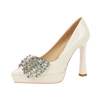 Generic High Heels for Women Stiletto Pointed Toe Pumps 12CM Sexy White Diamante Bowknot Ladies Wedding Shoes for Bride Prom Party (2.5)