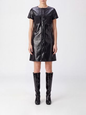 Courr&egrave;ges A-Line Faux Leather Mini Dress with Round Neck and Patch Pockets
