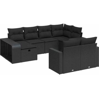 vidaXL Set De Sof&aacute;s De Jard&iacute;n Y Cojines 10 Pzas Rat&aacute;n Sint&eacute;tico Negro