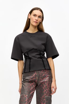 Ganni Mixed Black Cotton Tie Back T-shirt - Size XL