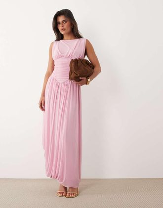 Asos Vestito lungo in rete rosa con scollo a barchetta e fondo asimmetrico a palloncino