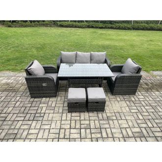 Fimous Rattan Garden Furniture 6 Piece Grey Patio Furniture Set Patio Conservatory 7 Seater Set Outdoor Rectangular Table and Chairs - Fimous