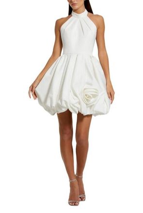 Mac Duggal Satin High Neck Sleeveless Bubble Hem Mini Dress in Ivory at Nordstrom, Size 12