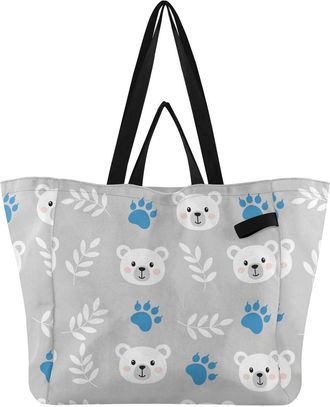 Generic Bear Leaves Blue print Reusable Canvas Tote Bag, Heavy Duty Grocery Shopping Bag with Large Capacity Double Handles Hard Bottom Work Groceries Travel