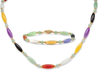 Palm Beach Jewelry Multicolor Jade Barrel Link Bracelet and Necklace Set in 14k Yellow Gold