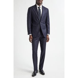 Thom Sweeney Chalk Stripe Structured Wool & Cashmere Suit in Navy Pin Stripe at Nordstrom, Size 42 Us