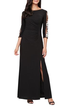 S.L. Fashions Embroidered Illusion Sleeve Jersey Gown in Black Ivory at Nordstrom, Size 12P