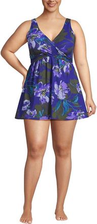 Lands End SlenderSuit V-neck Wrap Swim Dress One Piece Swimsuit Adjustable Straps in Violet Etched Floral at Nordstrom, Size 22W
