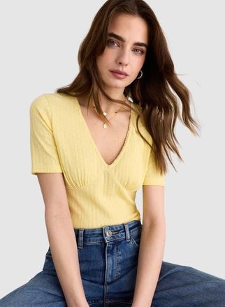 Baukjen Antoinette Pretty Rib V-Neck Top in Butter Yellow at Nordstrom, Size 12