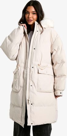 Boohoo Womens Premium Faux Fur Trim Parka - Cream Nylon - Size Medium