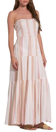 Elan Womens Strapless Tie-Back Smocked Bodice Cover-Up Maxi Dress, White Pink Stripe, L
