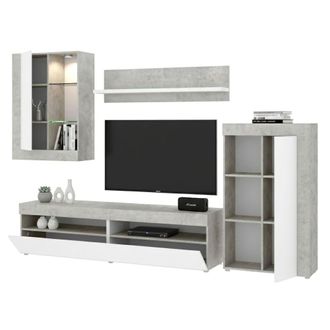 Dmora Dmora - Mueble Alto Beverin, Conjunto De Sal&oacute;n Modular, Mueble Sal&oacute;n Multiposici&oacute;n, 265x42h180 Cm, Blanco Y Cemento