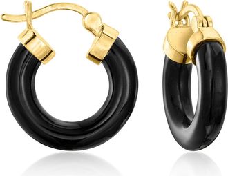 RS Pure by Ross-Simons Black Agate Hoop Earrings With 18kt Gold Over Sterling