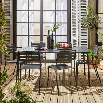 Sweeek 6-8 Seater Rectangular Steel Garden Table Set With 6 Chairs in Grey