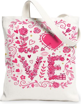 Generic Love Floral Canvas Tote Bags, Romantic Heart Design Reusable Grocery Bags, Spring Vintage Chic Lightweight Washable Shoulde, Peach, 13x15 Inch