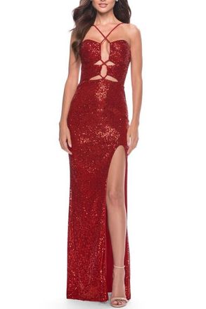 La Femme Stretch Sequin Dress with Unique Front Cut Outs in Red at Nordstrom, Size 12