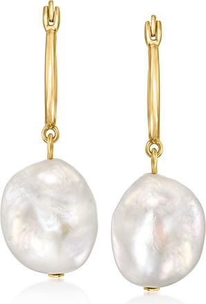 Ross-Simons 12-13mm Cultured Pearl Hoop Drop Earrings in 18kt Gold Over Sterling