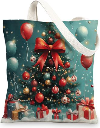 Generic Kid Christmas Tree Canvas Tote Bag for Shopping 13x15, Xmas Balls Balloons Candy Reusable Grocery Print Bag for Women Men, Happy Holiday Aesthetic Pai