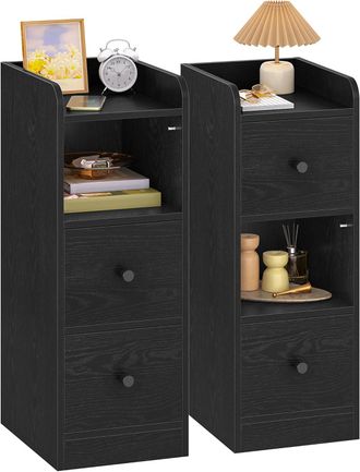 OEM Comodino Set Di 2, Tavolino Stretto Con 2 Cassetti, Comodino Con Protezione Superiore, Per Spazi Ristretti, Per Camera Da Letto, Soggiorno, Nero