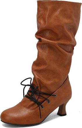 Generic Womens Vintage Style Knee-High Boots Side Zip Faux Leather Slouchy Design Lace-Up Front with Kitten Heel Elegant Evening Footwear,Yellow,6.5 UK