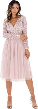 Maya Womens Ladies Wedding Guest Midi Dress Long Sleeve Plunging Neckline V Neck Sequin Embellished Graduation Bridesmaid, Frosted Pink, 16, (EG024-MIDI-MM