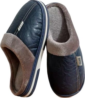 Generic Home Cotton slippers Men Slippers Leather Home Slippers For Men Waterproof Warm House Slippers Male Fur Slippers Couple Platform (Navy Blue, UK Footwe