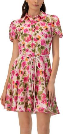 Ivonne Short Floral Shirt Dress with Waist Tie in Multicolor-Pink at Nordstrom, Size 14