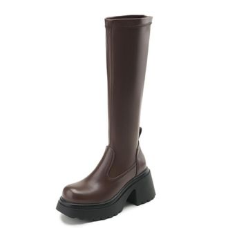 Generic Womens Knee-High PU Leather Boots Round Toe Chunky Platform Block Heels Side Zipper Elastic Panel Pull Tab Soft Lining Cushioned Insole Durable Outsol