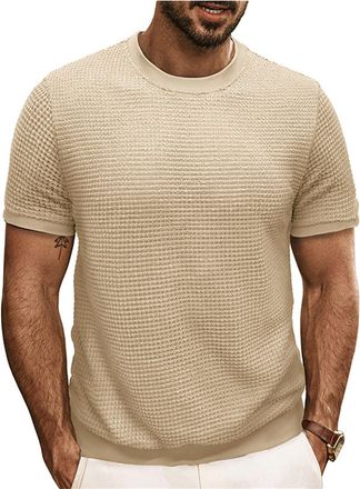 Generic Mens Fitted T-Shirts Short Sleeve Knit Round Neck Shirts Casual Stylish Textured Crewneck Solid Color Sweater Vintage Summer Knitted Pullover Tee Tops