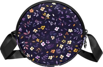 Generic Circle Crossbody Bag for Women, Floral Purple Pretty Small Sling Bag Daypack with Zipper Adjustable Shoulder Straps Casual Ladies Girls Round Purse