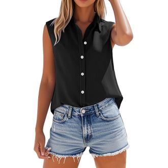 Generic Womens Cotton Linen Vest Tops Sleeveless Button Down V Neck Collar Dressy Casual Loose Shirts Business Work Summer Breathable Ladies Blouses (Black, X