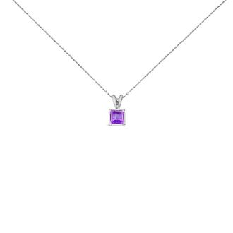 House of Brilliance 14K White Gold 5x5 MM Square Shaped Purple Amethyst Solitaire Pendant Necklace