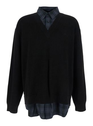 Juun.J Juun. J Black Sweater With Layered Design And Classic Collar In Cotton And Wool Blend Man